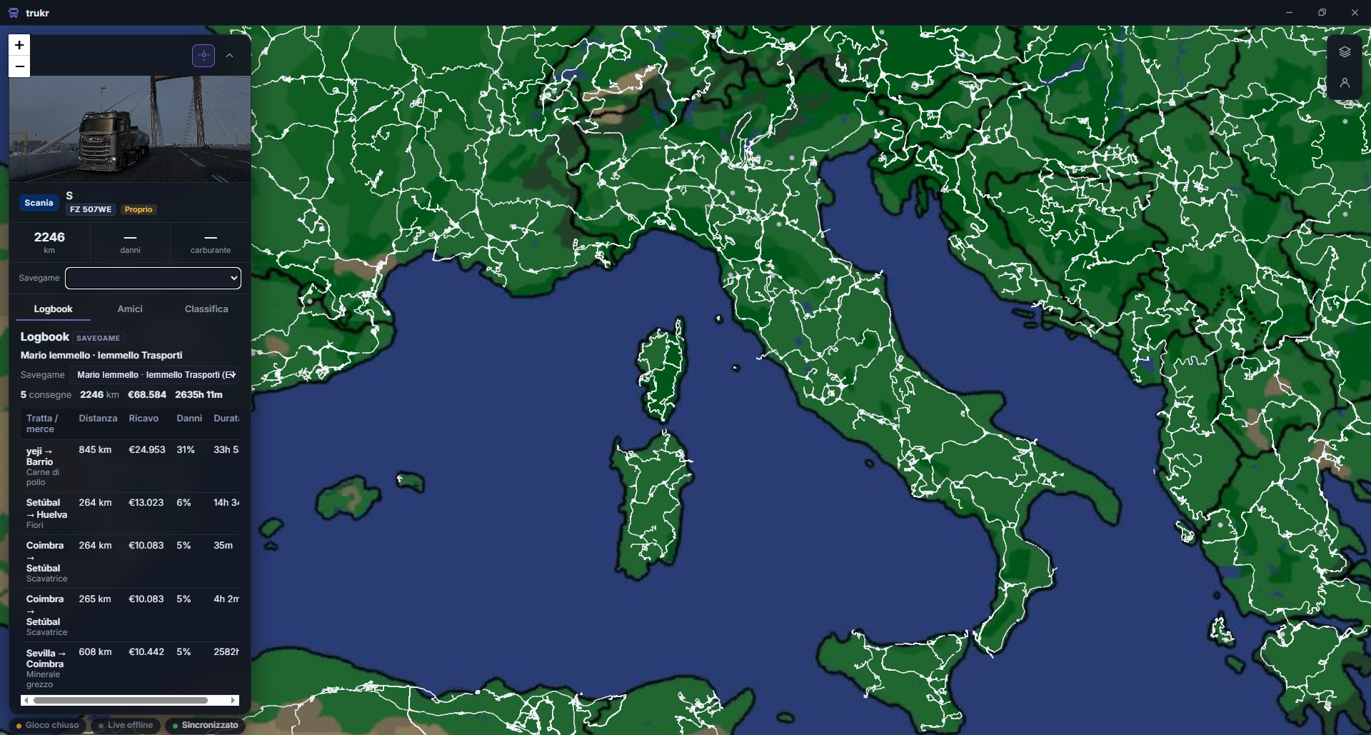 trukr app showing the live ETS2 map with driver positions